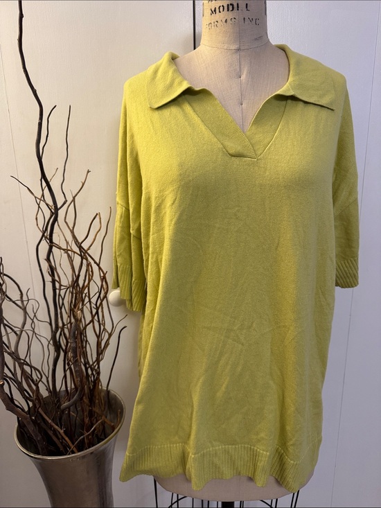 d&co Tops - Relaxed Collared V-Neck Short Sleeve Top in Lime Green